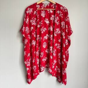 Loft Kimono Medium/Large Red Floral Beachy Swim Cover-up Modal